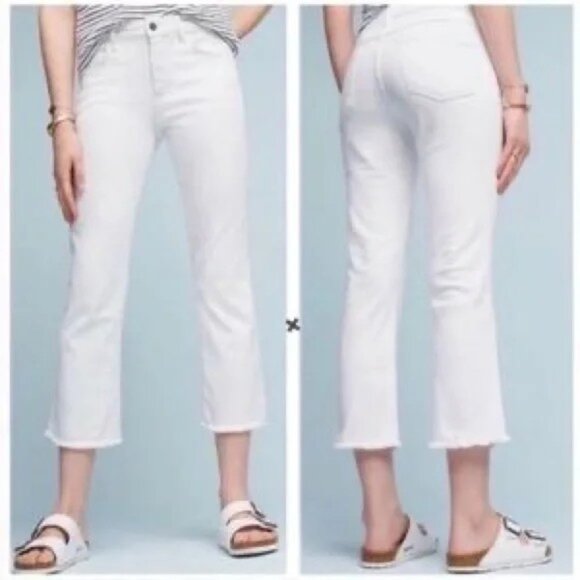 Anthro Pilcro & The Letterpress Script High Rise Crop Flare Raw Hem White Jeans - Picture 1 of 11
